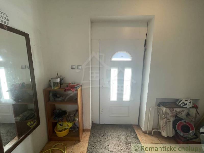 The entrance hall of a family house with white doors, a mirror, and wooden floor decor.