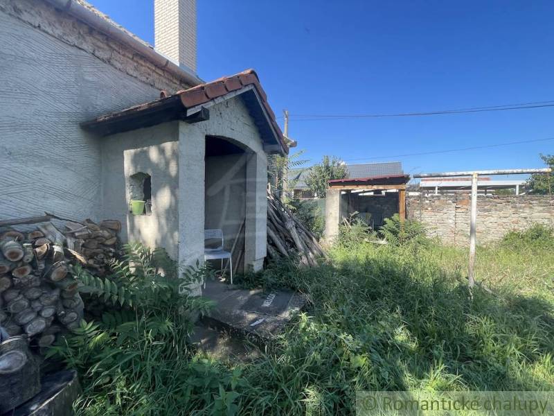 An overgrown yard of a family house in Jatov with a wooden firewood storage.