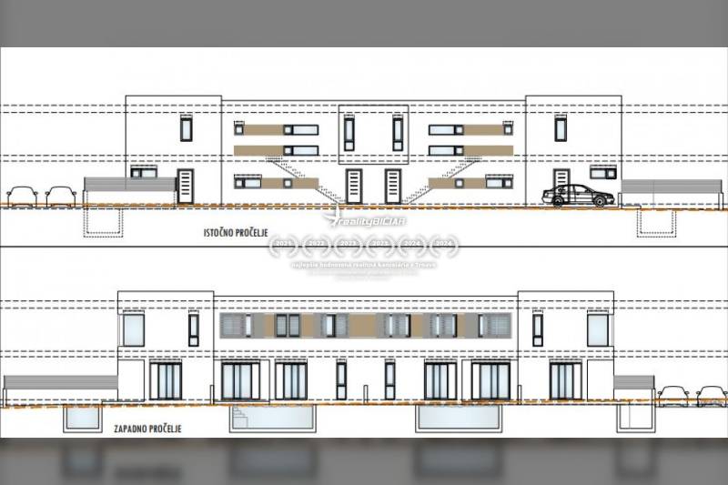 Architectural drawing of a two-story family house with a garage and modern facade elements.