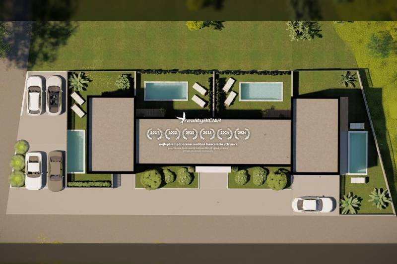A family house in Nin with a swimming pool and parked cars on the street Nin.