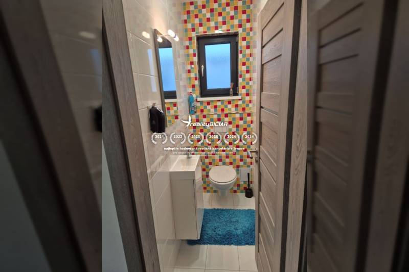 A colorful bathroom with tiles and a blue carpet in a family house.