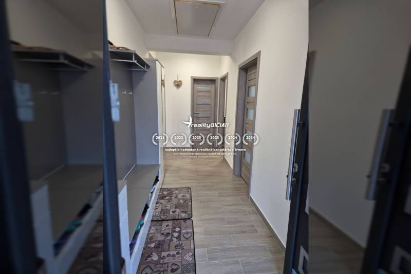 A hallway with a wooden decor floor and built-in wardrobes in a family house.