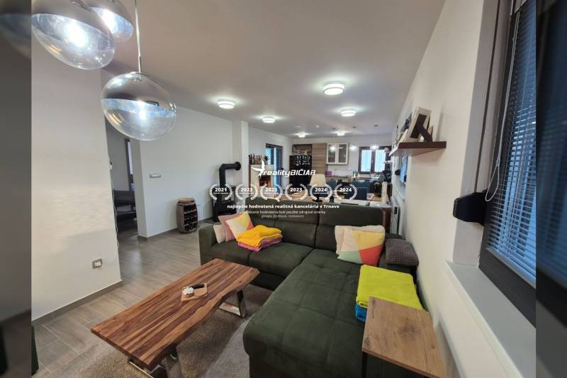 Living room in a family house with a sofa, wooden table, and ceiling lights.