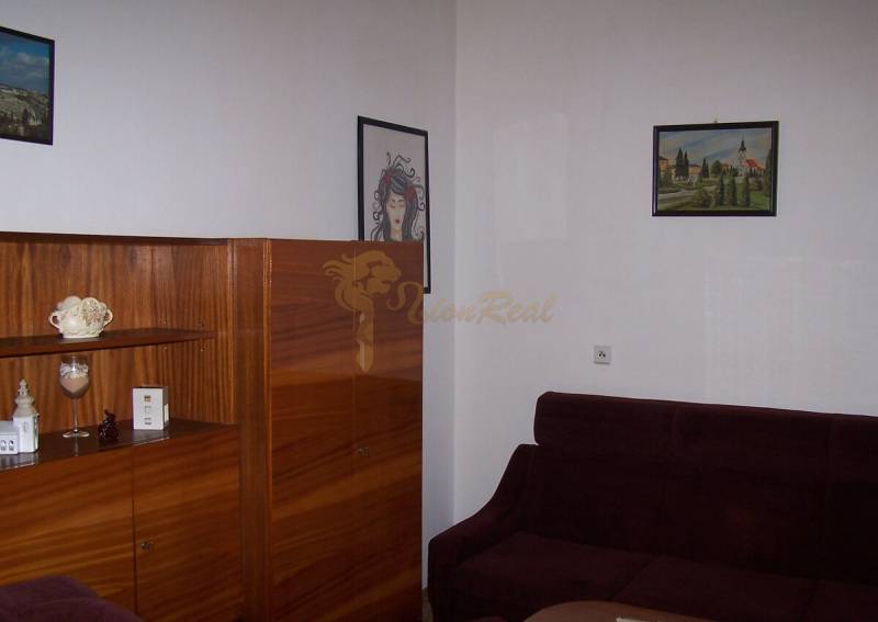 Living room in a two-room apartment with a wardrobe and a sofa, decorated with paintings.