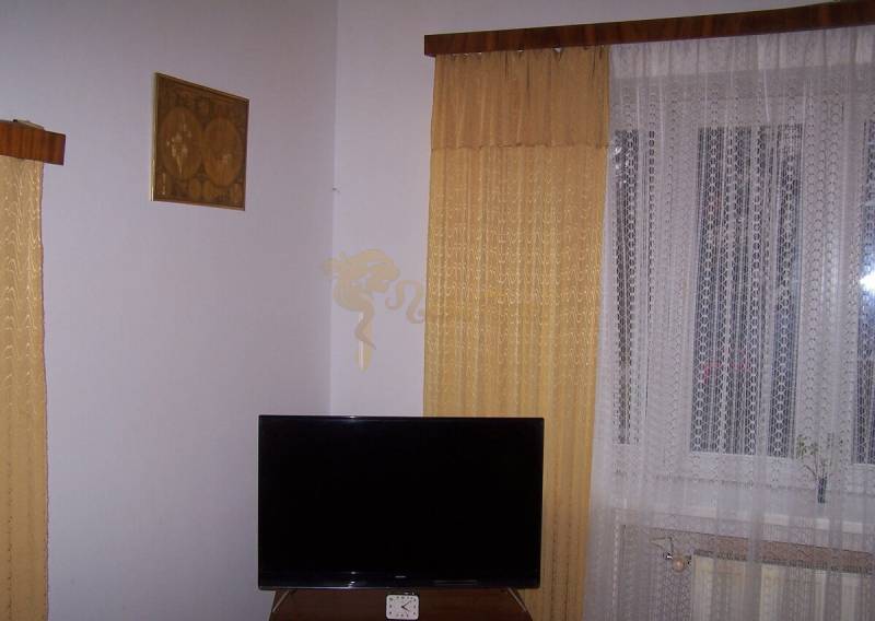 TV, curtains, and drapes in a 2-room apartment, simple frame with a picture.