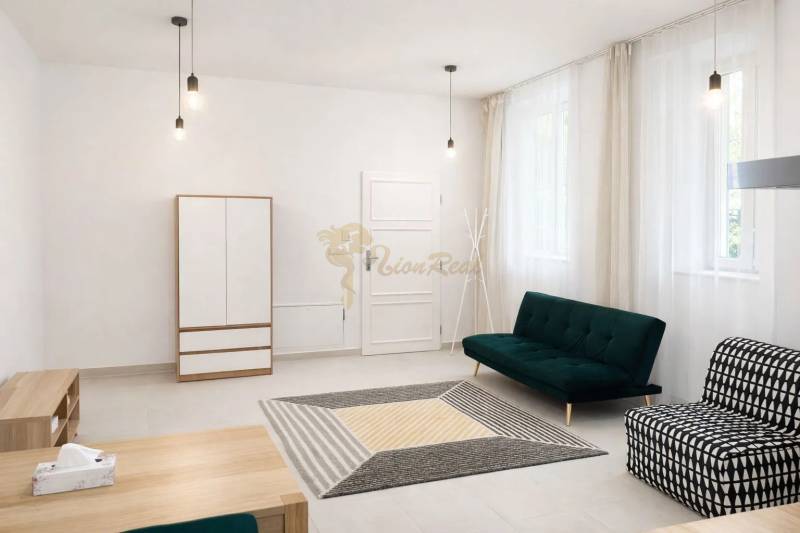 Living room in a two-room apartment with sofas, a cabinet, and a wooden decor floor.