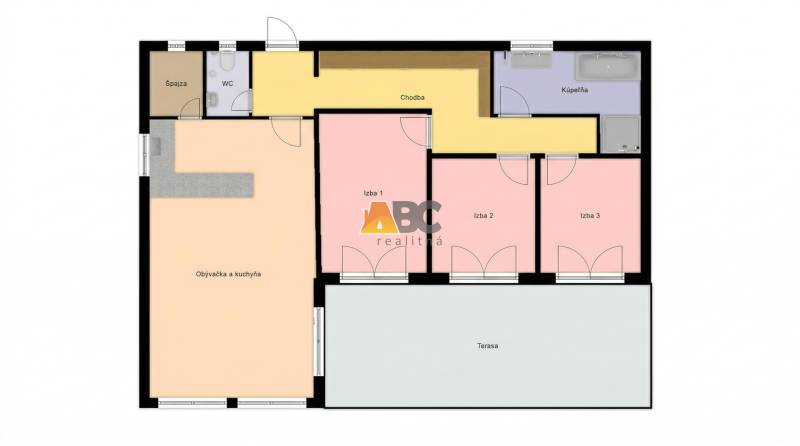 Floor plan of a family house with a terrace, kitchen, pantry, bathroom, and three rooms.