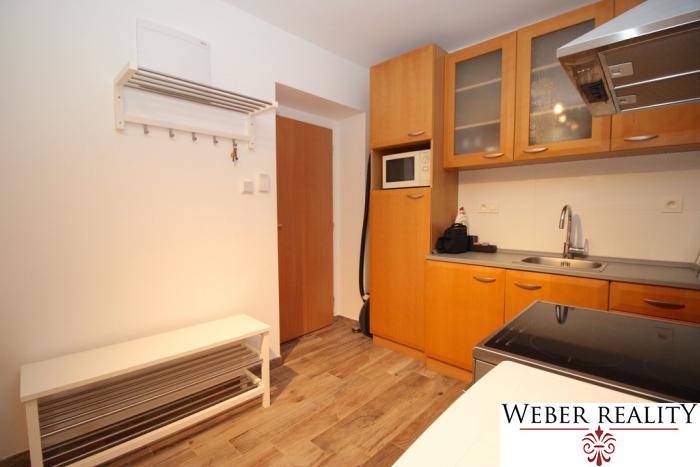 A kitchen in a studio apartment with a kitchen unit, appliances, and a floor with a wood decor.