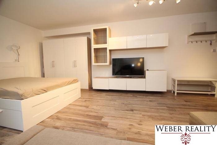A bedroom corner with a TV, storage space, and a wooden decor floor in a studio apartment.
