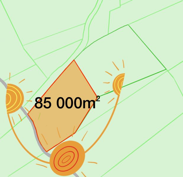 Agricultural and forest land in Dežerice, marked with an area of 85,000 m².