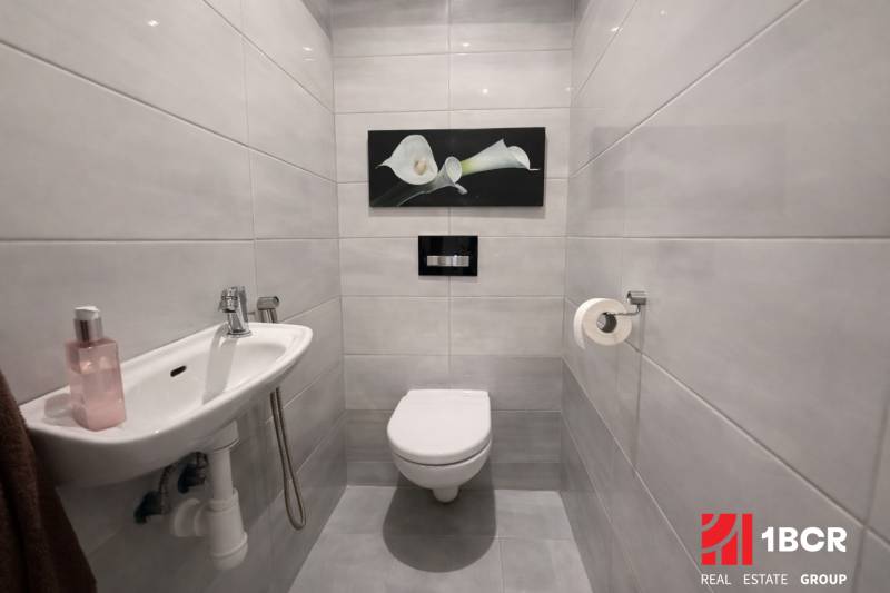A toilet with a wall-hung bowl and a sink in a 3-room apartment.