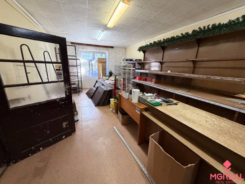 Interior of a family house with a storage room, shelves, and wooden door.