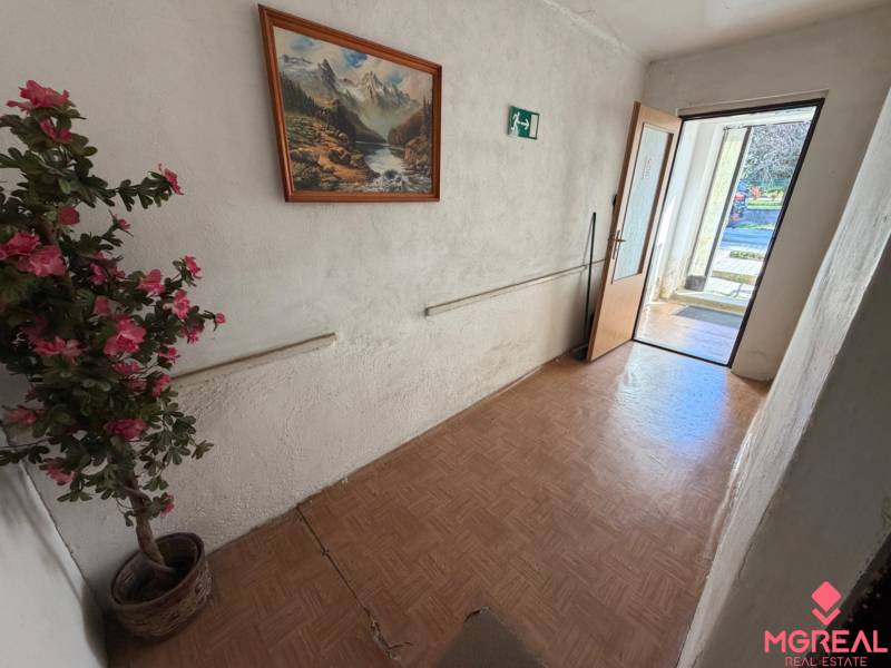A hallway of a family house with a flower, a painting, and a wooden-patterned floor.