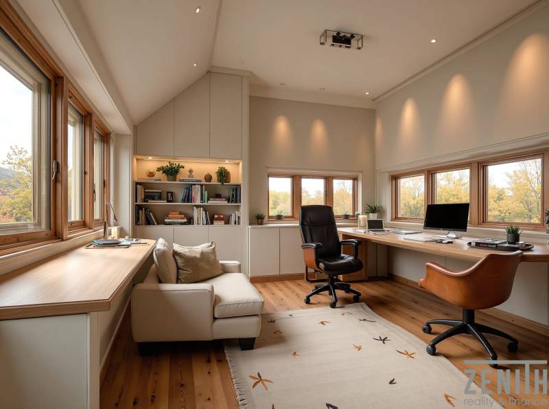 An office with a wood-patterned floor, large windows, a shelf, and armchairs.