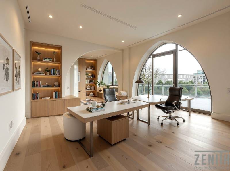 Commercial premises with shelves, modern furniture, and a wooden decor floor.