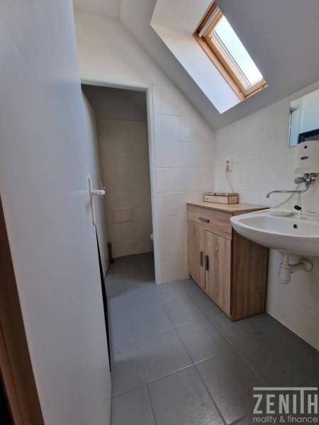 A bathroom with a skylight, light tiles, and wooden decor furniture in commercial premises.