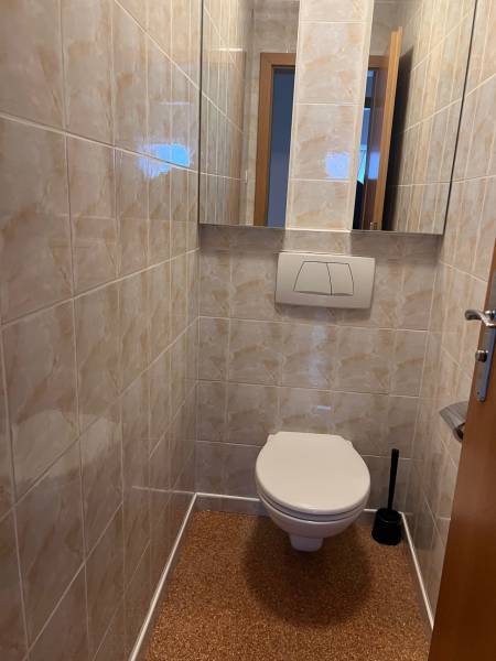 A toilet in a family house with tiles and a mirror, on the floor with a wooden decor.