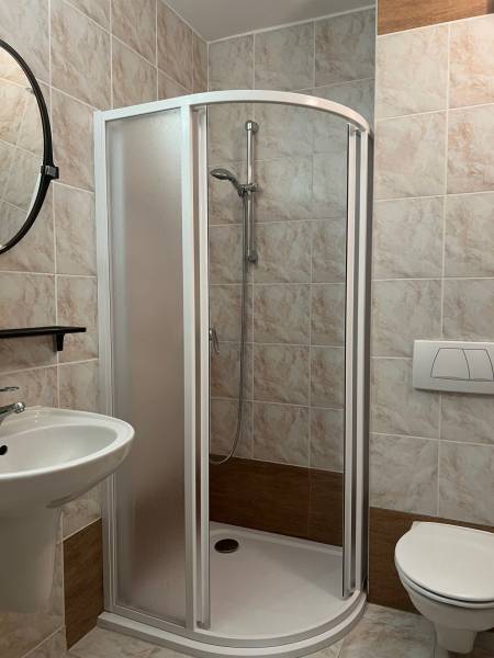 Bathroom with a toilet, shower, and sink in a family house, tiled.