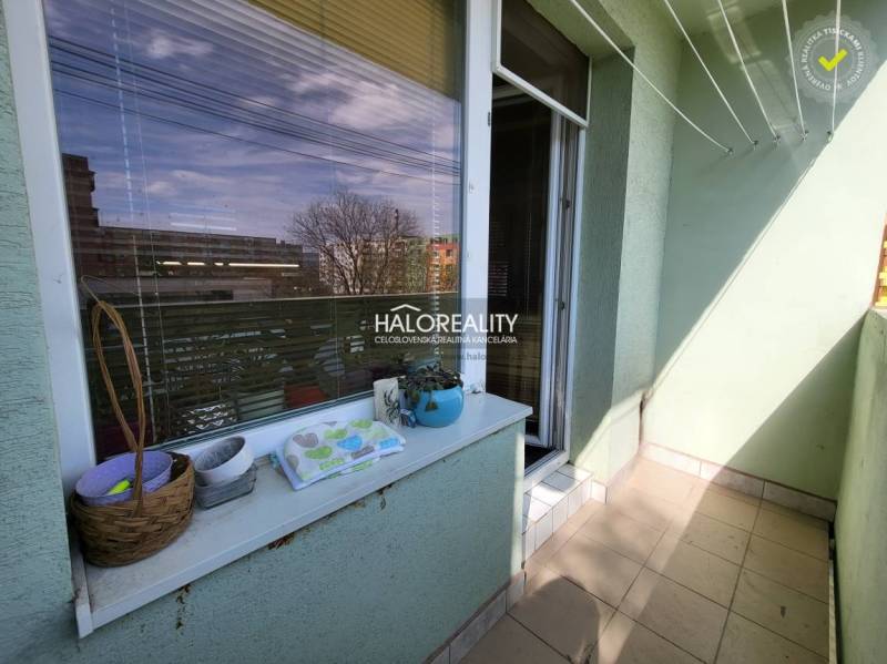 A balcony of a 3-room apartment with flower pots and a view of the city Partizánske.