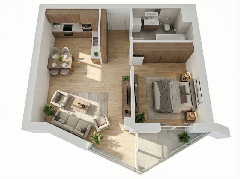 Floor plan of a 2-room apartment with wood-patterned flooring and practical room layout.
