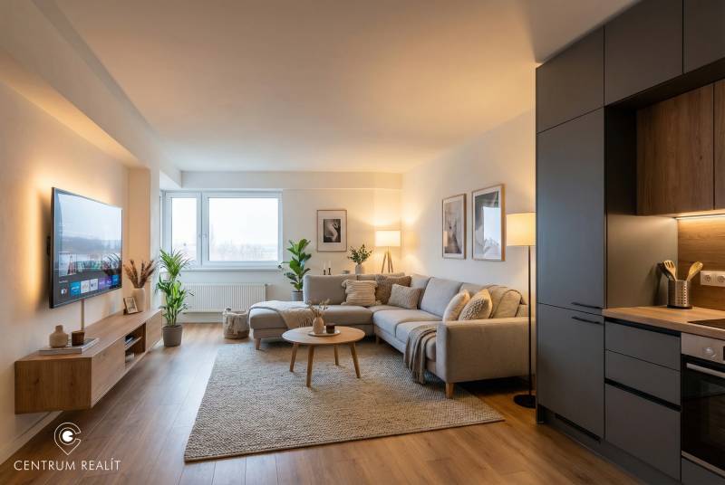 Living room in a two-room apartment with wood-patterned flooring, a gray sofa, and a TV.