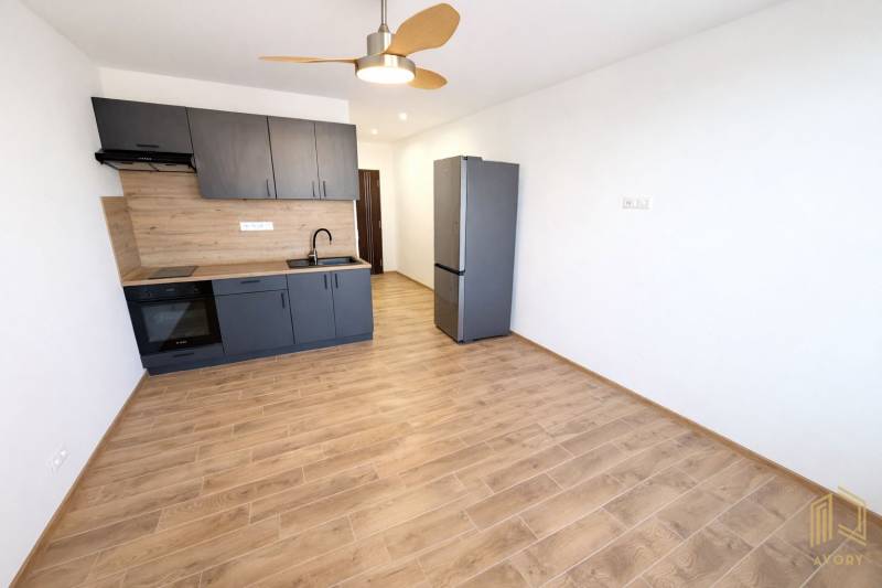 Studio apartment with a kitchenette and a wooden decor floor, refrigerator.