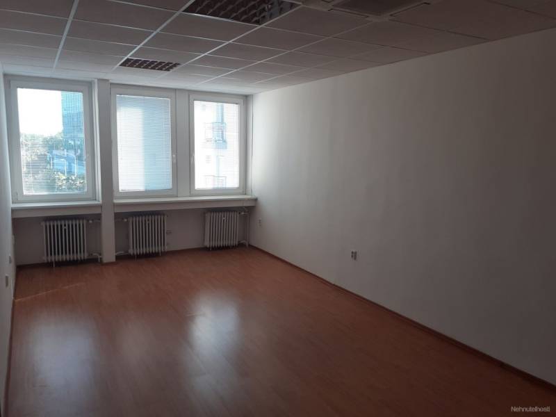 An empty office space with wood-patterned flooring and large windows.