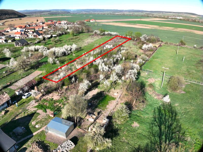 Gardens in Gemer with blooming trees and a marked rectangle in the landscape.
