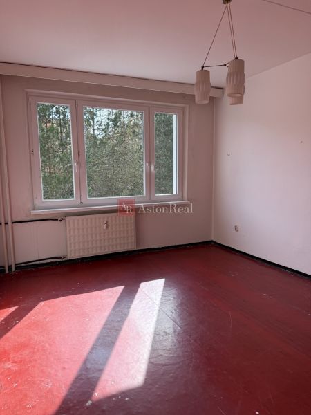 A room in a 2-room apartment with a large window, red floor, and a light fixture.