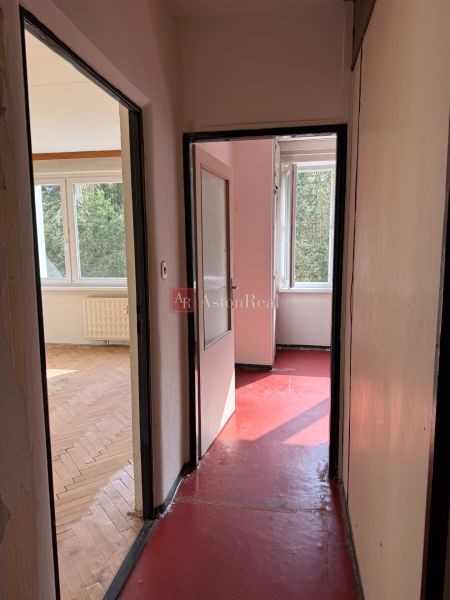 A narrow bright hallway with a red floor and a view of the rooms in a 2-room apartment.