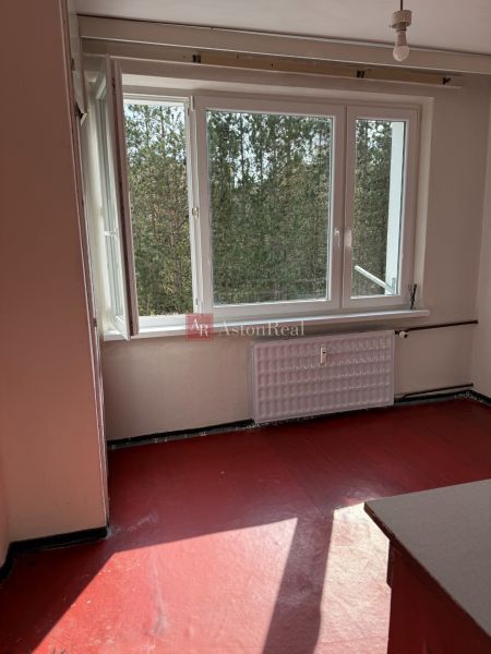 A room in a 2-room apartment with a red floor, an open window, a view of greenery.