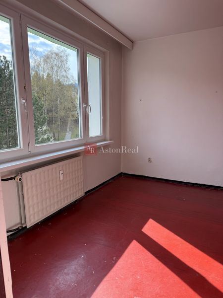 A room with a red floor in a 2-room apartment, a large window lets in natural light.