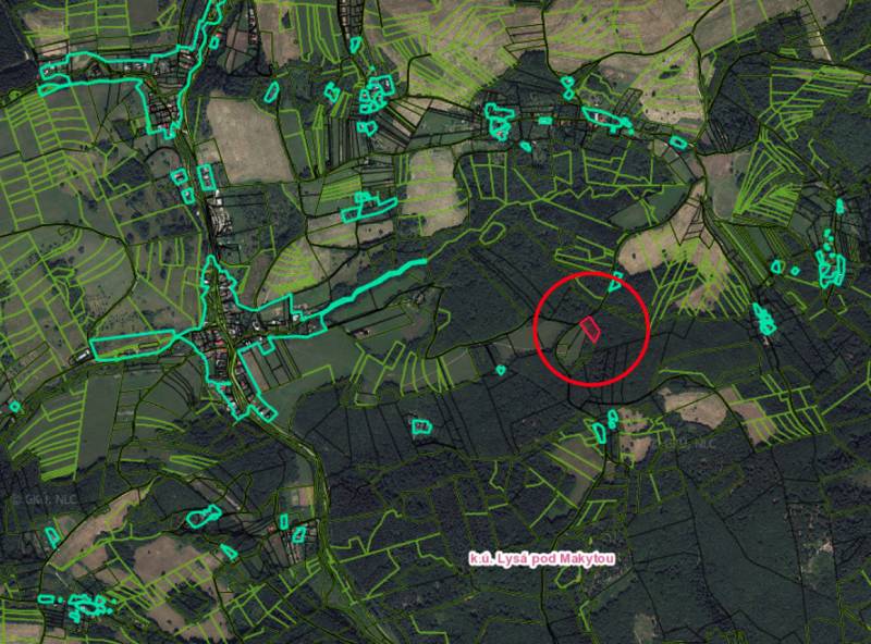Aerial map of agricultural and forest lands around Lysá pod Makytou.