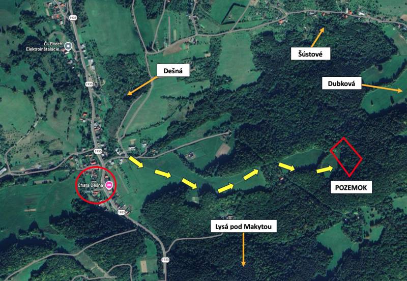 Aerial view of agricultural and forest land in Lysá pod Makytou, marked with map points.