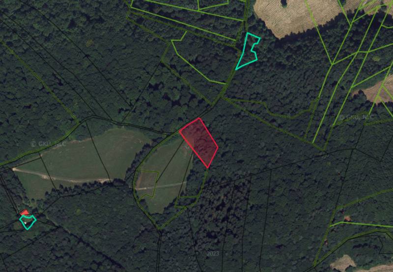 Aerial map of forest plots in the village of Lysá pod Makytou with marked land parcels.