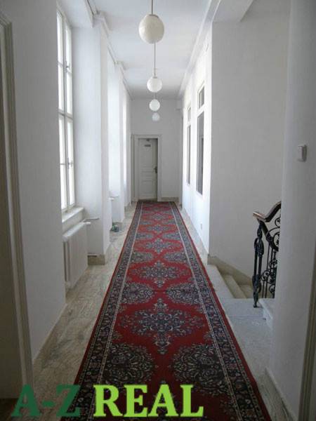 Office interior with hallway, red carpet, and staircase.