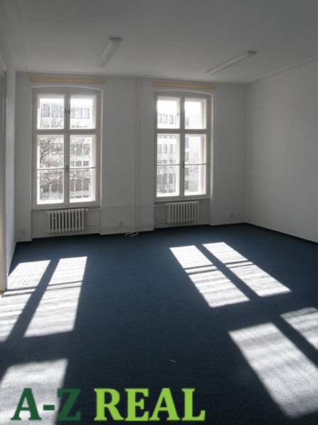 Offices with large windows and blue carpet.