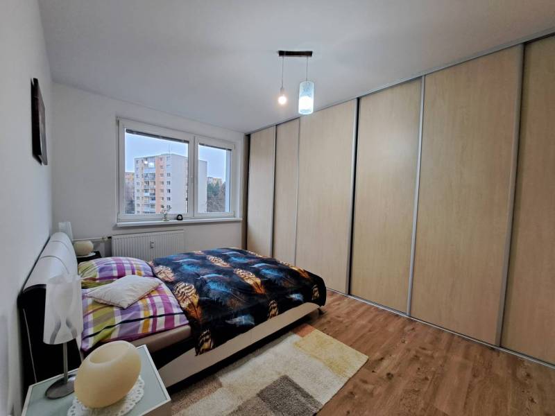 Bedroom in a 2-room apartment with a wooden decor floor and a large built-in wardrobe.