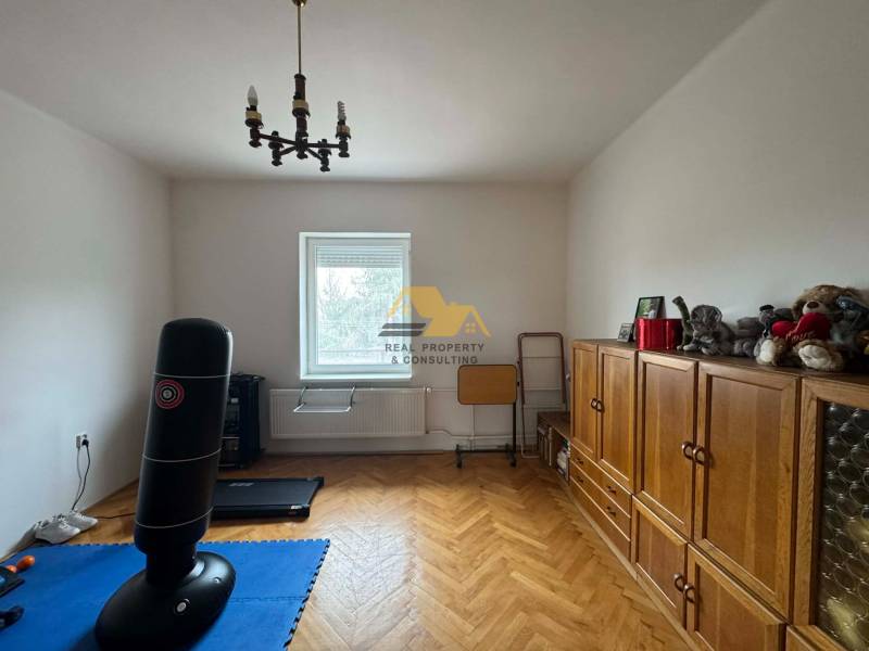 A room in a family house with a wooden decor floor, furniture, and a punching bag.