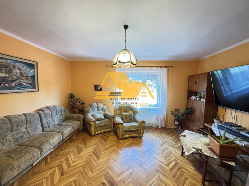 Living room in a family house with wood-patterned flooring, comfortable seating, and a painting.