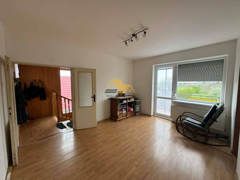 A room in a family house with a wooden decor floor, a swing, and a large window.