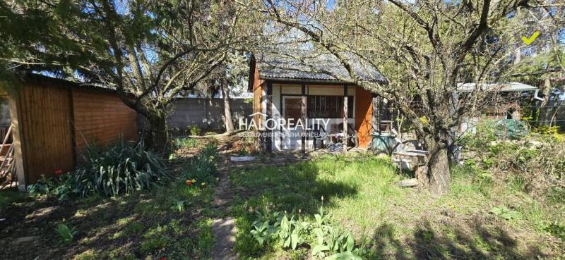 Gardens in Galanta with a lawn, trees, and a wooden house in a natural setting.