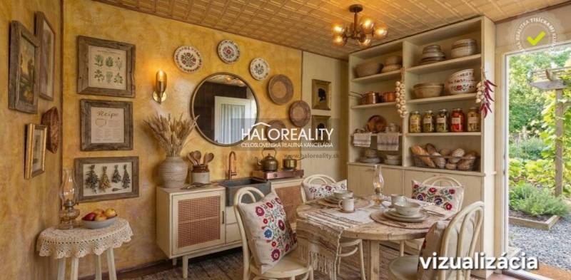 Interior of a kitchen with rustic furniture, decorations, and a view of the garden.