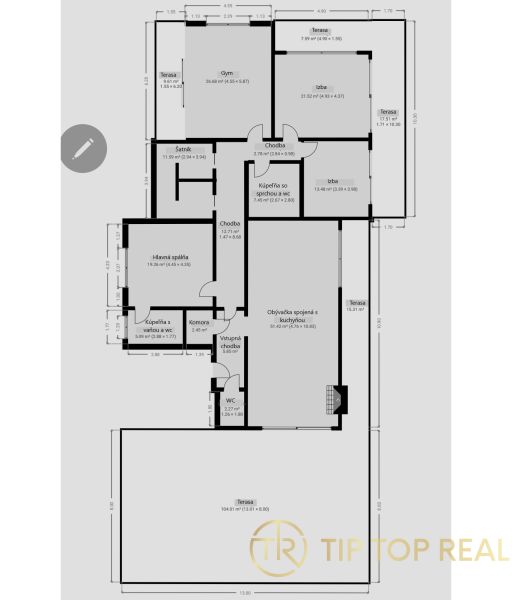 Floor plan of a 5 or more room apartment with a terrace, gym, and walk-in closet.