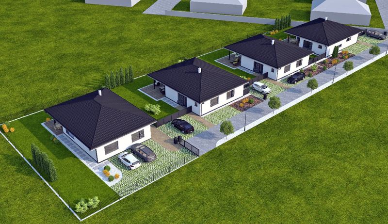 Visualization of family houses on Leknová Street in Láb with landscaped gardens and parking.