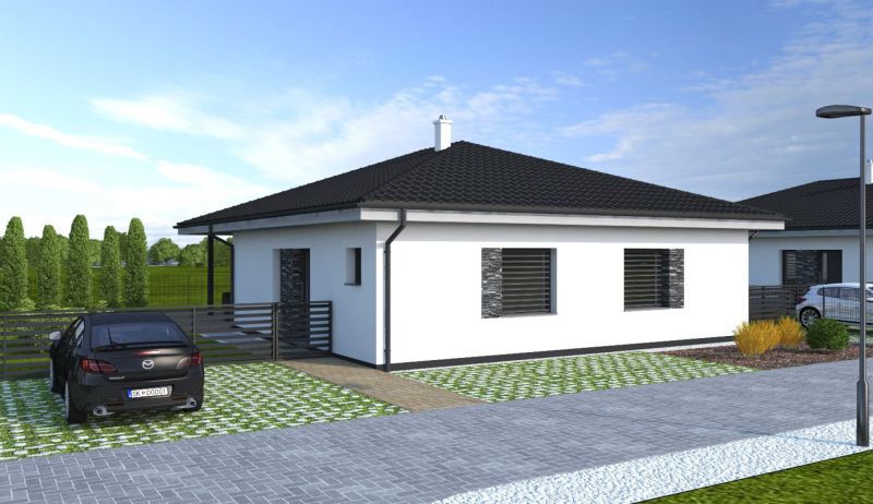 A family house on Leknová Street in Láb with an adjacent car and a landscaped garden.