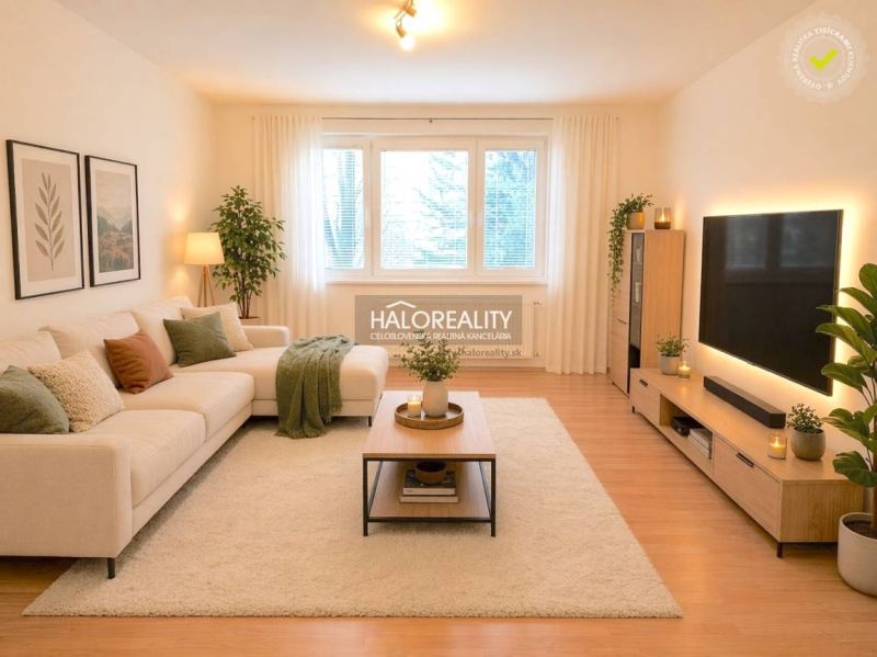 A bright living room in a 4-room apartment with a wooden decor floor and a comfortable couch.