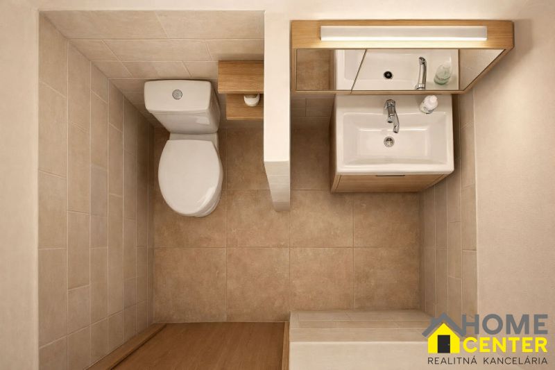 A bathroom in a family house with a toilet, a sink, and a floor with a wooden decor.