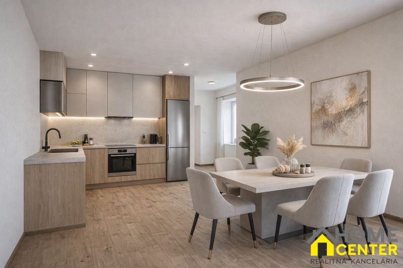 Kitchen with dining area in a family house, wooden decor flooring, elegant furnishings.