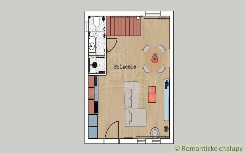 Ground floor plan of a cottage with a living room, kitchen, and wooden decor flooring.